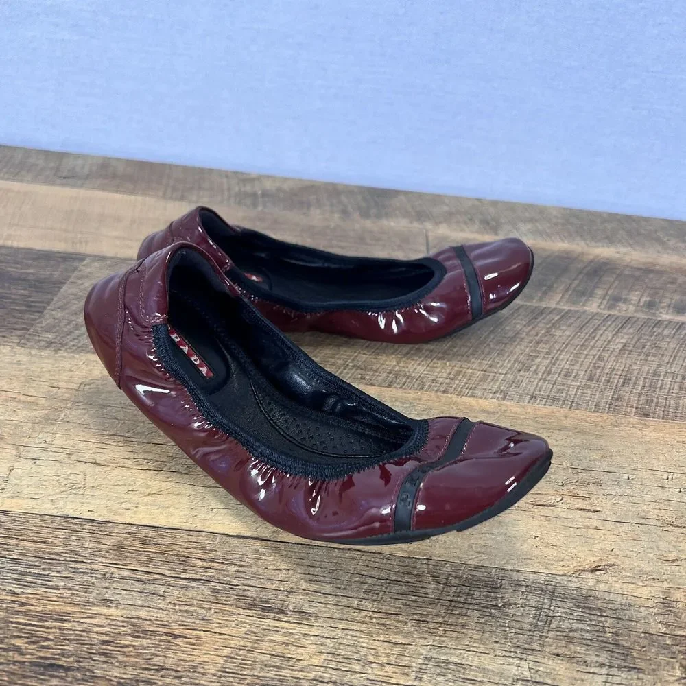 Prada Buffalo Dance Lux Ballet Flats Slip on Burgundy Red Size EU 37 (US 6.5) - Picture 1 of 9